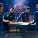 Left to right: Dominique Tipper as Naomi Nagata, Wes Chatham as Amos Burton, Cas Anvar as Alex Kamal, Steven Strait as Earther James Holden (Image: Kurt Iswarienko/Syfy)